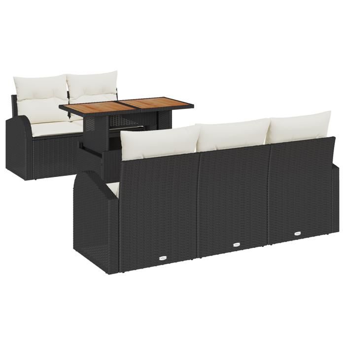Ensemble de canapés de jardin 6 pièces avec coussins noir en rotin synthétique, Canapé de jardin 2 places avec rangement 3358259