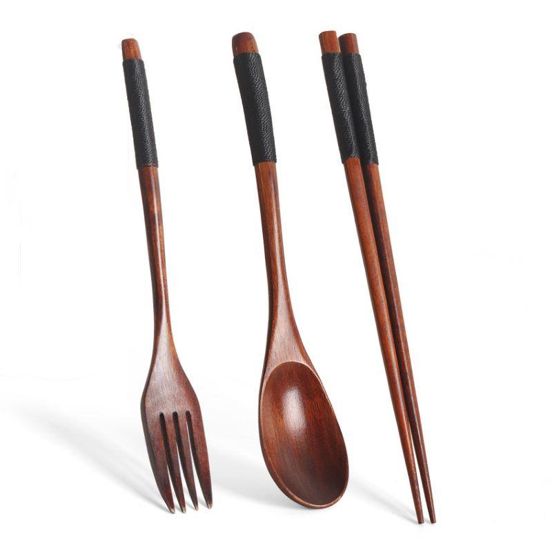 Natural Wood Spoon Chopsticks And Fork Dinner Set Rice Soup Tableware Grain Handmade Household Tableware Tableware