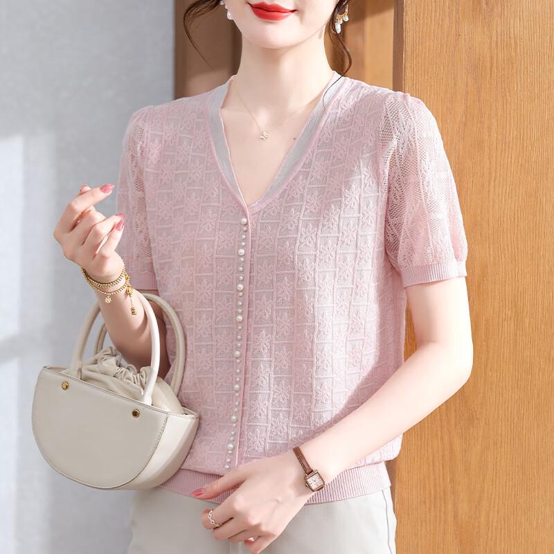 XUEXI Women s Elegant Ice Silk Knit Short Sleeve T-Shirt L