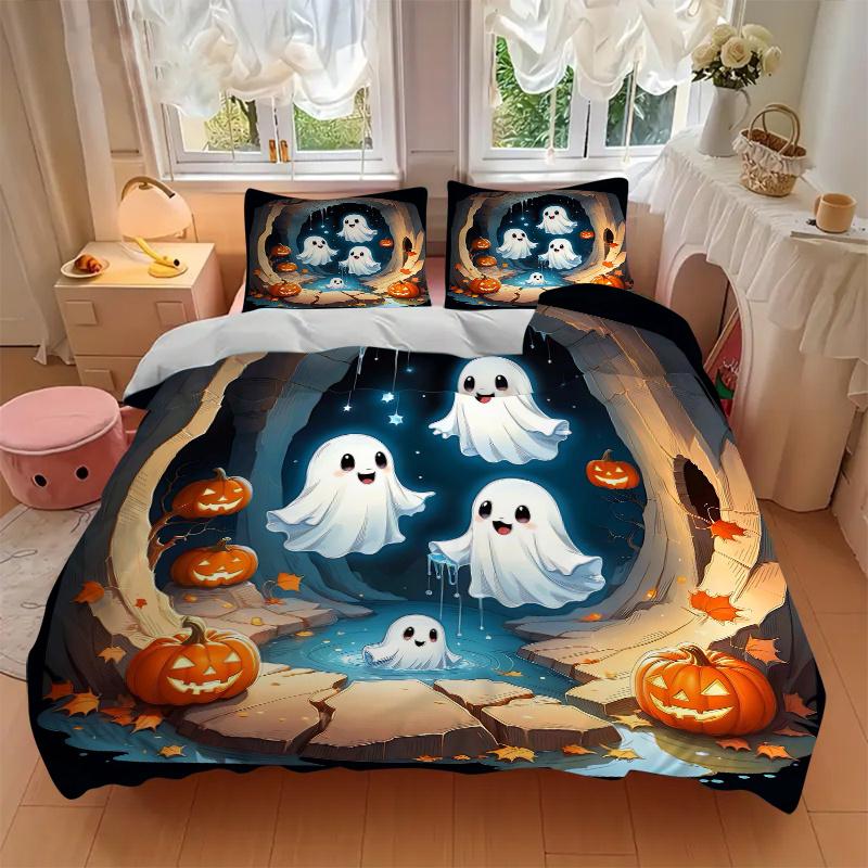 3pcs Cute Ghost Pumpkin Bedding Set - 1 Soft Quilt Cover + 2 Pillowcases, Machine Washable - Suitable for All Seasons, Perfect Gift for Fami