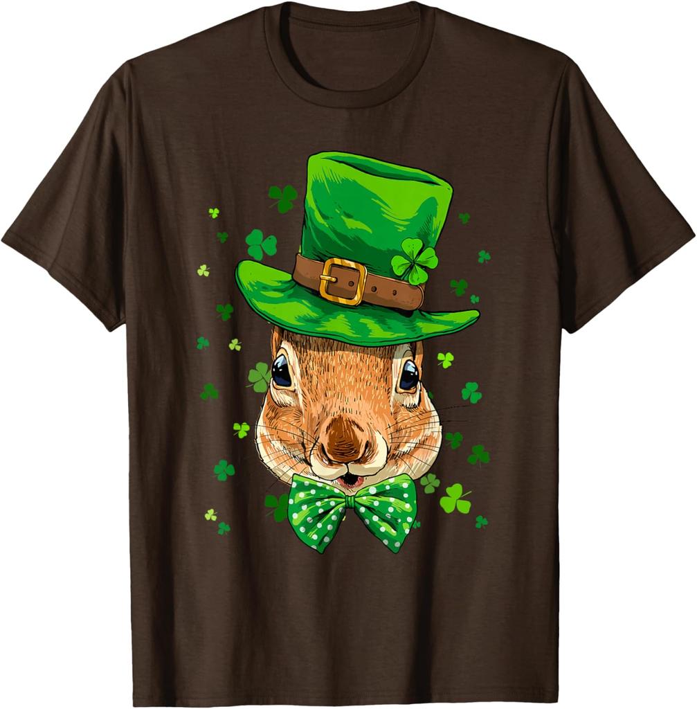 Squirrel Leprechaun St Patricks Day Graphic Print Cotton Crew Neck T-Shirt Casual Trip Tee