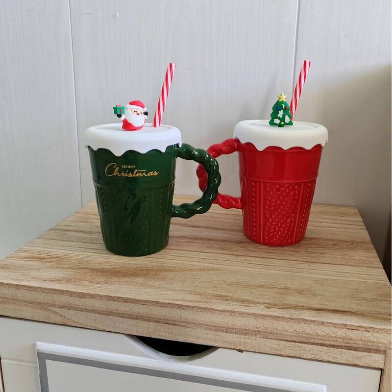 Baizien Creative Christmas Ceramic Mug with Lid and Straw