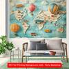 2D flat, single-piece world map hot air balloon travel exploration cartoon background fabric, suitable for bedroom