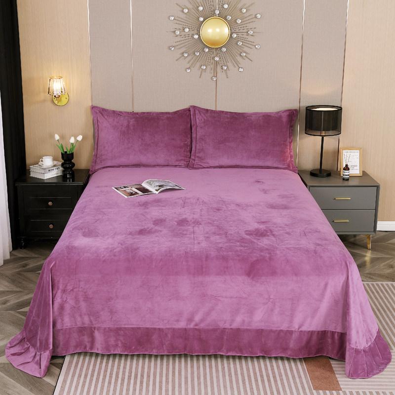 Solid Color Milk Velvet Bed Sheet Winter Warm Thick Flannel Flat Bedsheet Sets Double Size Soft Plush Bedspread No Pillowcases