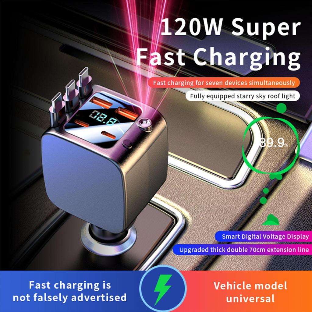Retractable Car Charger 2 USB Ports Fast Charging Auto Accessories with Starlight Car Charger USB for Daily Commute Adventure