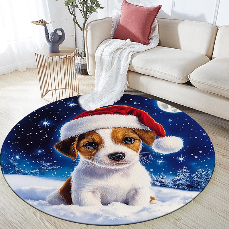 Christmas Puppy Round Area Rug,Carpet Rug for Living Room Bedroom Sofa Playroom Decor,Non-slip Floor Mat