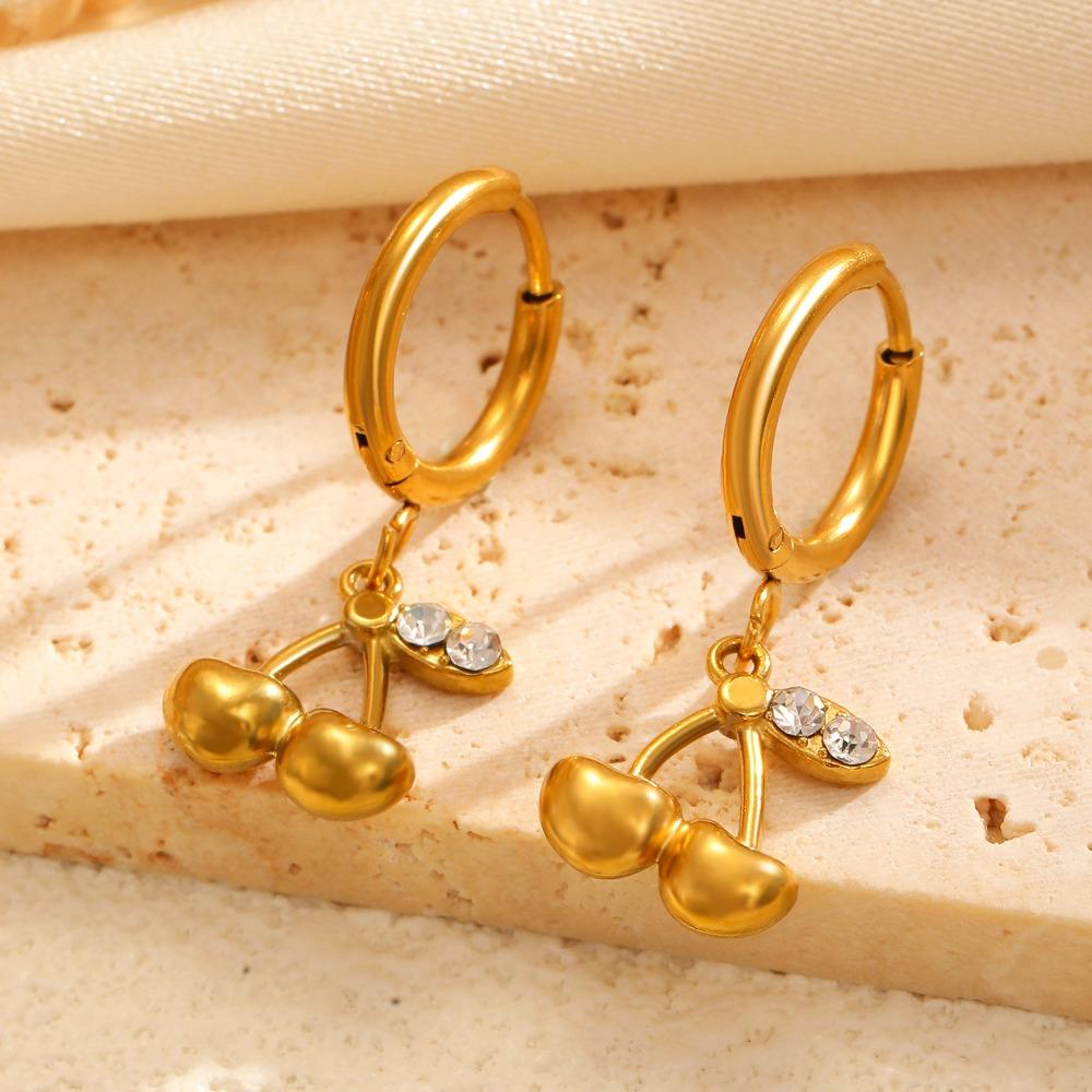 Temperament Sweet Inlay Zircon Gold Color Cherry Strawberry Pineapple Pendant Hoop Earrings for Women Stainless Steel Jewelry