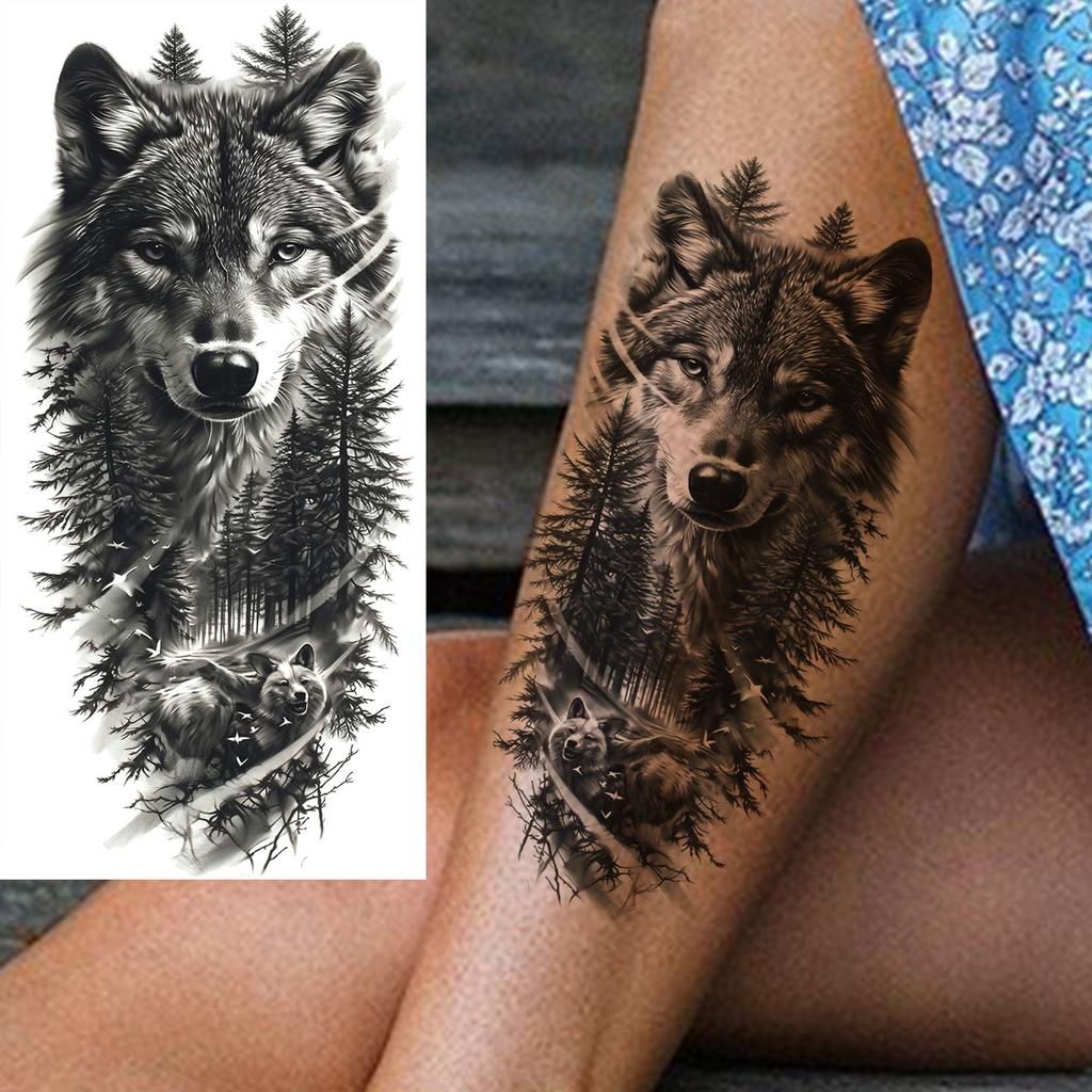 1 Sheet Forest Tribal Wolf Temporary Tattoos For Men Women Arm Leg Tatoos Waterproof Realistic Fake Tattoo Stickers Long Lasting