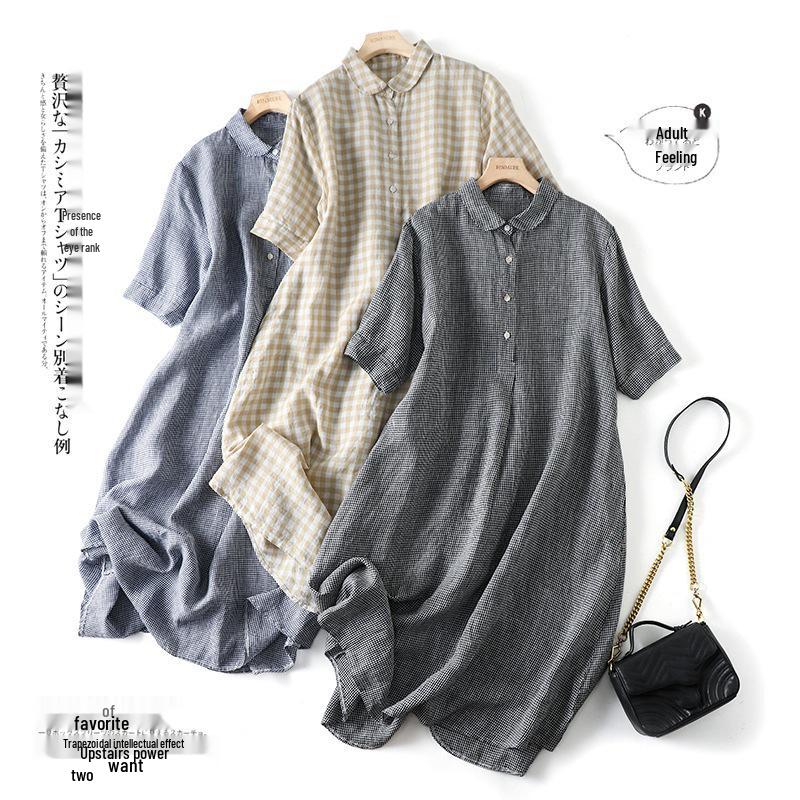 

Japanese Plaid Cotton Linen Short Sleeve Midi Dress for Women Extra Large
