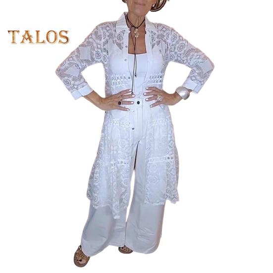 

Женская рубашка с лацканами, однотонная, с длинным рукавом, на пуговицах, блузка средней длины, вышитый кружевной цветочный узор, рубашка, топы M белый