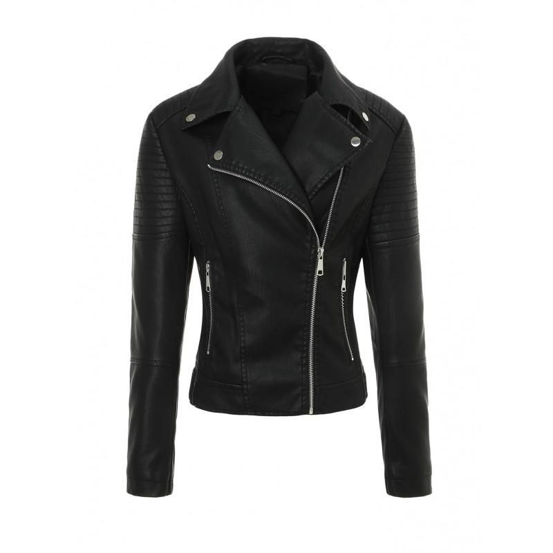 Womens Vintage PU Leather Jacket Quilted Zip-Up Slim Fit Biker Coat Lapel Collar