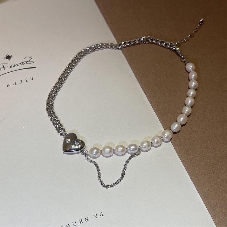 iF ME Colier Elegant cu Pandantiv Ciucure Cruce Inimă, Cusătură cu Perle, Choker cu Lanț Argintiu pentru Femei, Accesorii Bijuterii