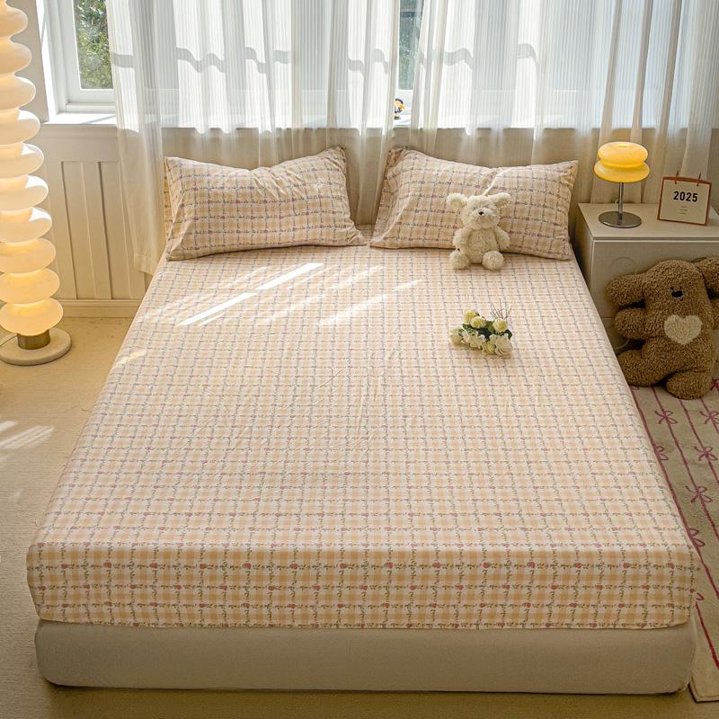 Washed Cotton Fitted Sheet with Elastic Bands Non Slip Adjustable Mattress Cover Printed  Pure Cotton  for Double King Queen