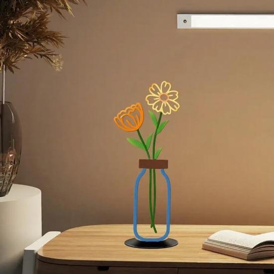 Metal Flower Art with Vase Minimalist 2D Iron Floral Table Ornament for Living Room Bedroom Kitchen Home Office Farmhouse Decor Housewarming Gifts