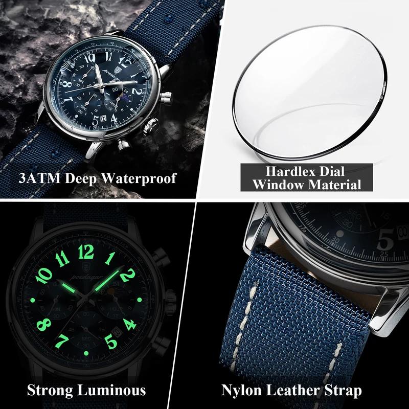 POEDAGAR Luxury Military Sports Watch for Man Waterproof Luminous Chronograph Date Men's Watches Quartz Nylon Strap Men Clock