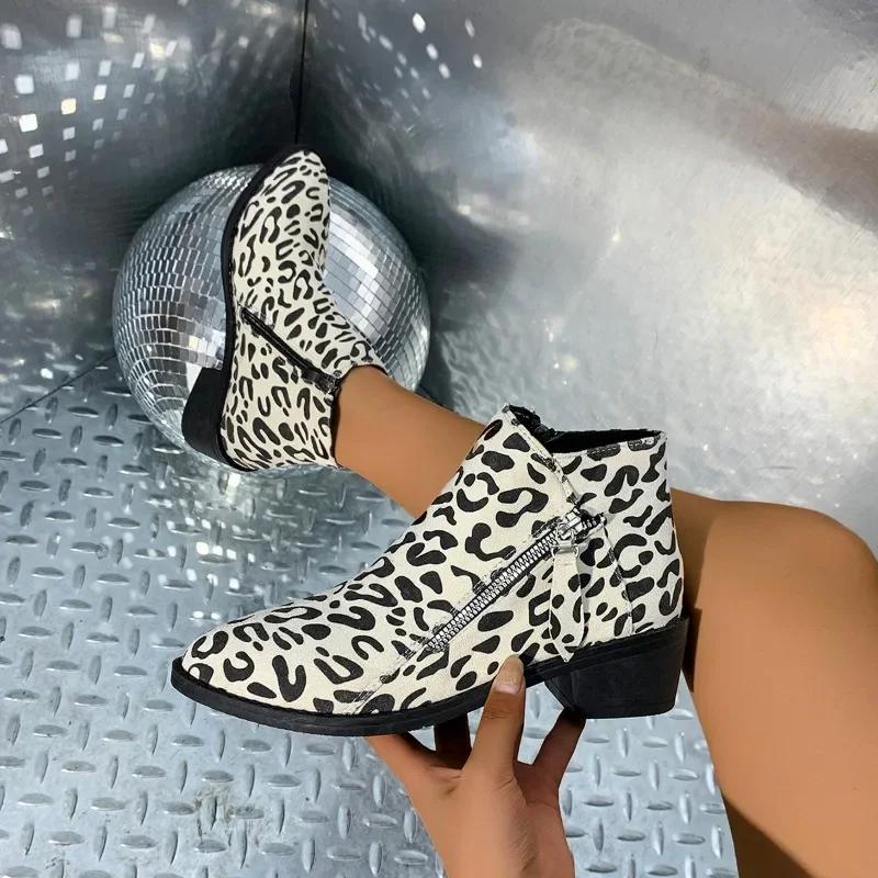 Fashion Shoes Female 2024 Hot Sale Side Zip Women Boots Autumn Pointed Toe Leopard Print Short Barrel Block Heels Large Size Naked Boots 36 2980₽