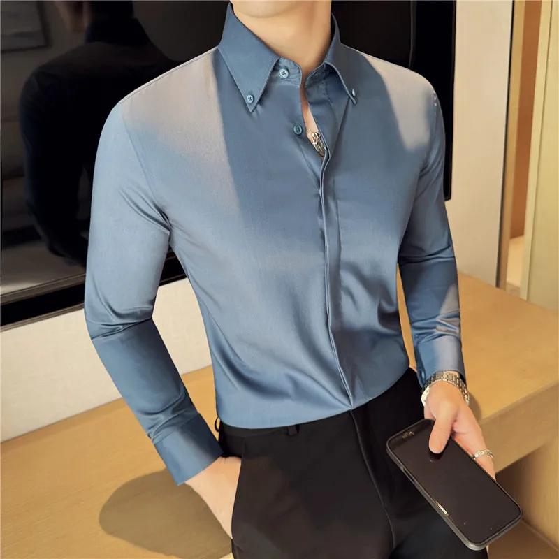 Men's Shirt Quality Korean Luxury Clothing Bamboo Fiber Shirts For Men Plain Color Business Formal Wear Slim Fit Shirts