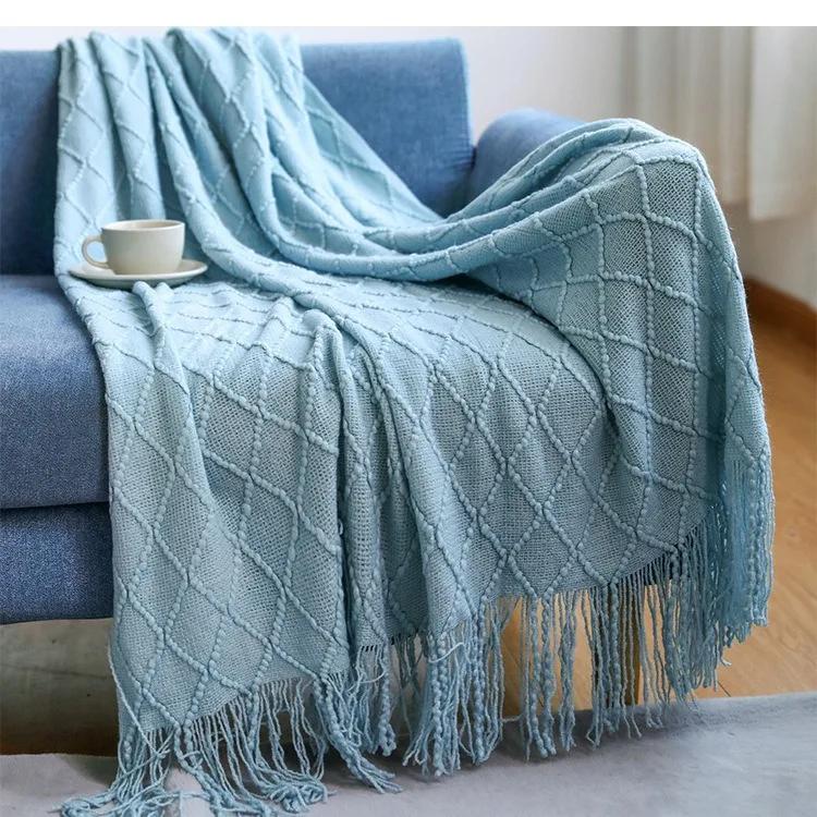 Knitted Throw Blanket Soft Cozy for Couch Yellow Living Room Home Decor Outdoor Lightweight Blanket with Tassels Warm Woven