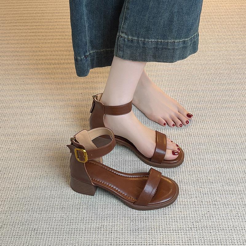 French Retro One-word with Sandals for Women's Summer Wear, Stepping On Shit, High Heels, Soft Soles, Thick Heels, Medium Heels, Soft Soles, Not T