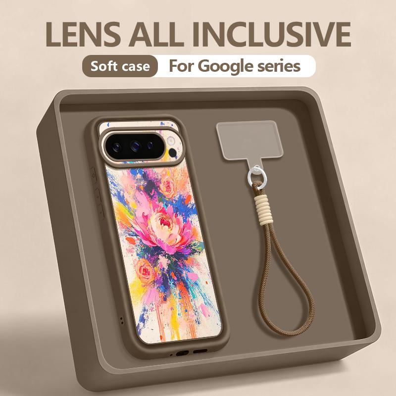 Oil Painting Flower Lanyard Case For Google Pixel 10 Pro XL For Google 9A 9 8 7 Pro 8A 7A Shockproof Bumper Wrist Strap Cover
