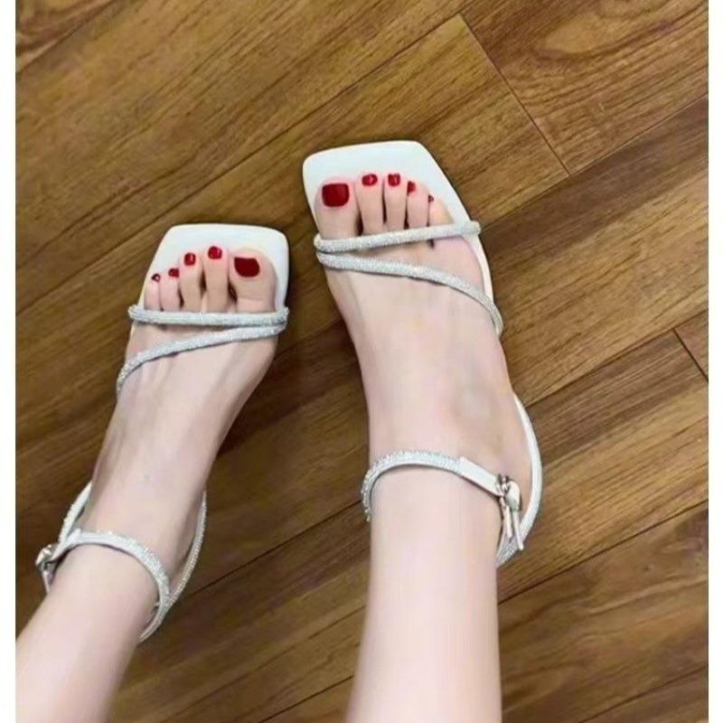 Rhinestone strap beautiful stiletto sandals 2025 new summer square toe open-toe French temperament sexy dress soft high heels