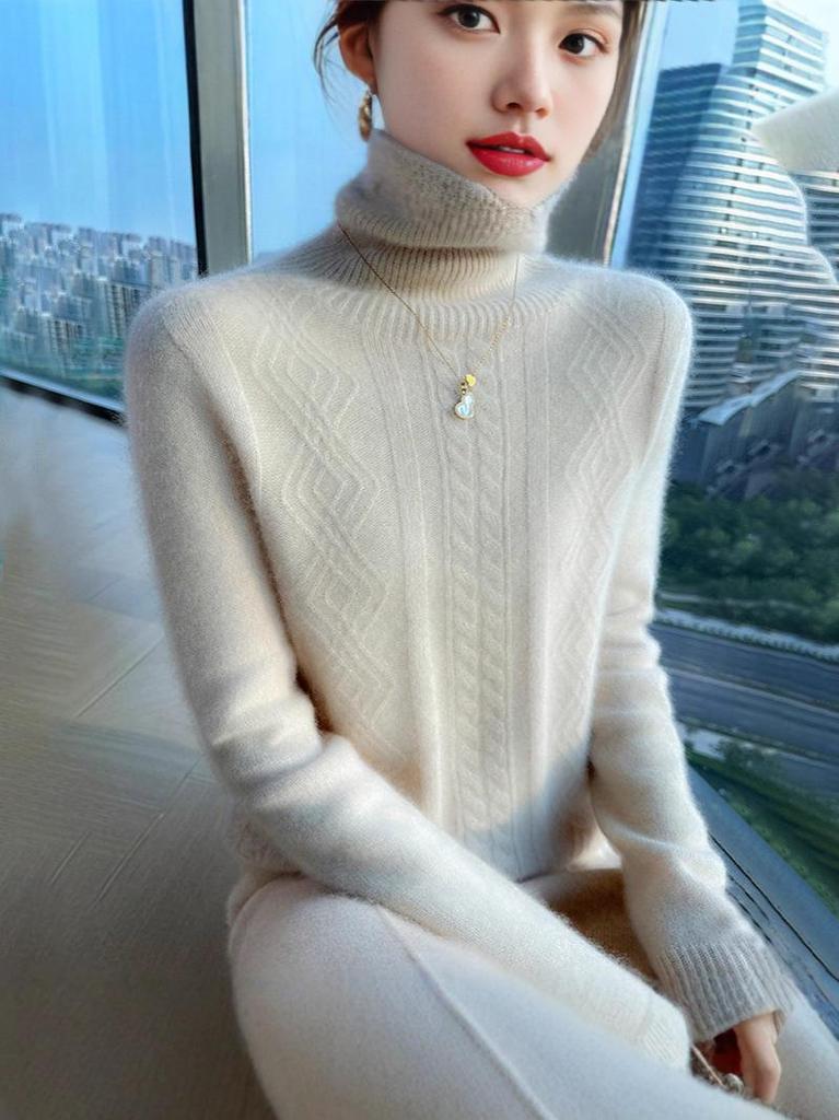 Women's High Neck Cable Knit Wool Sweater - Slimming Long Sleeve Cashmere Top