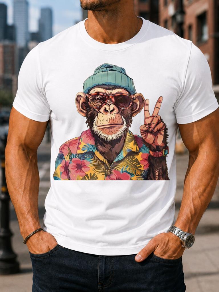 Cooler Schimpanse mit blauem Strick-Kopfschmuck macht Friedenszeichen, illustriert mit kräftigem, thematischem Artwork, Unisex, All-T-Shirt