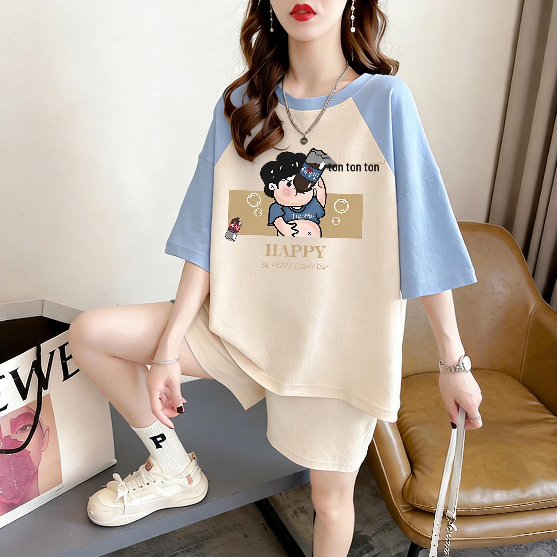 

Women s Plus Size Short Sleeve Pure Cotton Fashionable Summer Top 2XL светло-синий/абрикосовый