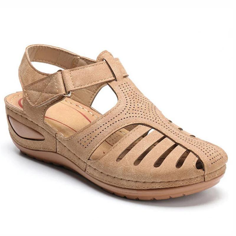 

Женские босоножки 2024 года, летняя обувь, босоножки на танкетке, удобная элегантная женская обувь на низком каблуке, с вырезом, большого размера 44 бежевый