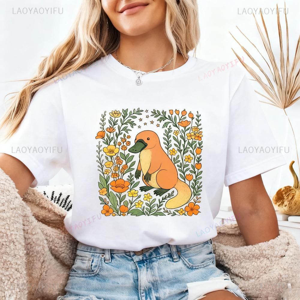 Cute Flower Platypus Shirt Platypus Lover Tee Kawaii Platypus Gift Women Casual Tshirt Daily Life Rural Aesthetics Girls Tops S