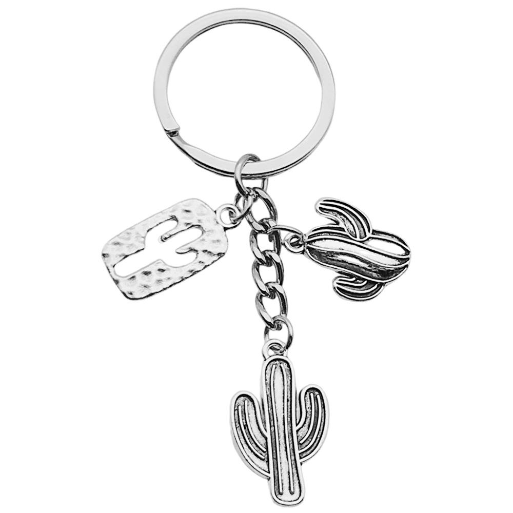 Antique Silver Cactus Keychain: Hollowed Desert Alloy Ornament & Backpack Accessory