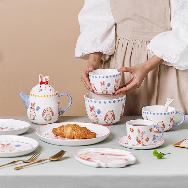 Cartoon Rabbit Relief Ceramic Tableware,Fish Plate Rice Bowl Kitchen Cutlery Set Gift,High Appearance Easter Coffee Cup Dish Set