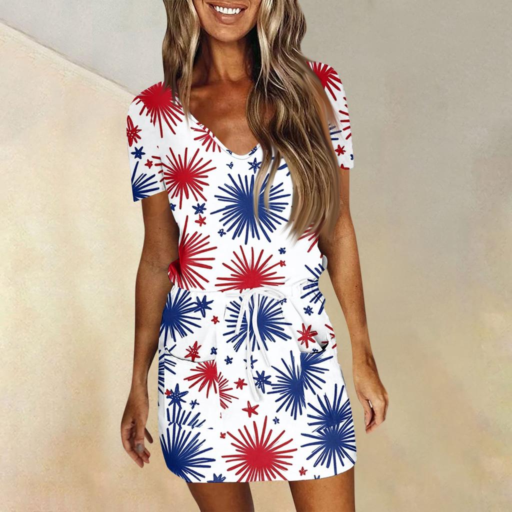 Women's Fashion Summer Independence Day Printed Short Sleeve Pocket V-Neck Dress