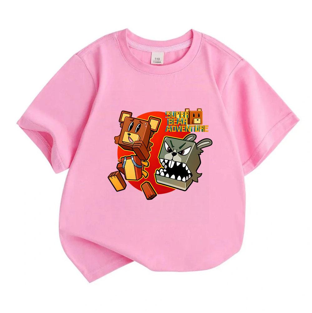 100% Cotton Kids Crew Neck Short Sleeve T-Shirt, Super Bear Adventure Game Print Casual Comfortable Tees for Boys Girls, Soft Breathable Top for Daily