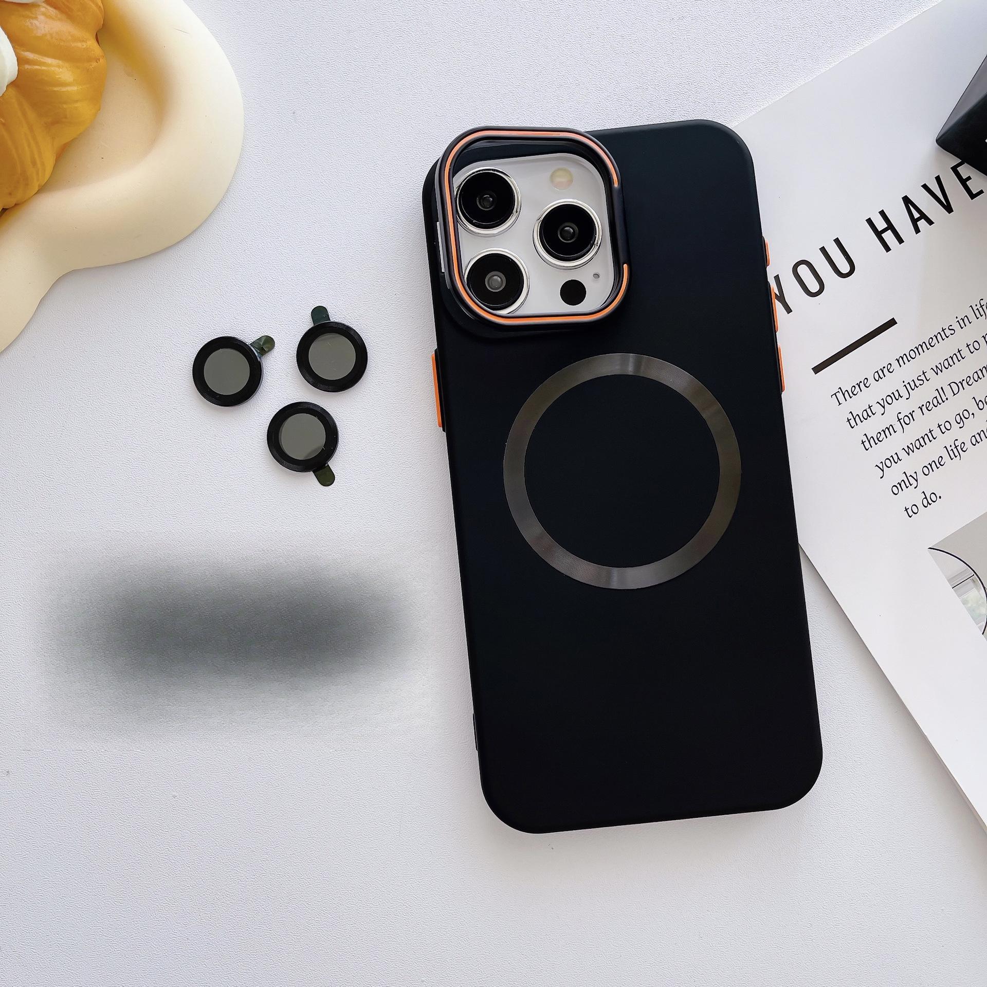 

Подходит для чехла для телефона IPhone16promax, матовое магнитное притяжение, Apple 14 невидимая подставка полная защита 15 Apple 16 чёрный