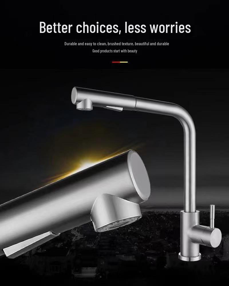 Stainless Steel Pull-out Kitchen Faucet with Dual-Function Telescopic Rotating Spout for Vegetable Sink (Hot & Cold Water)