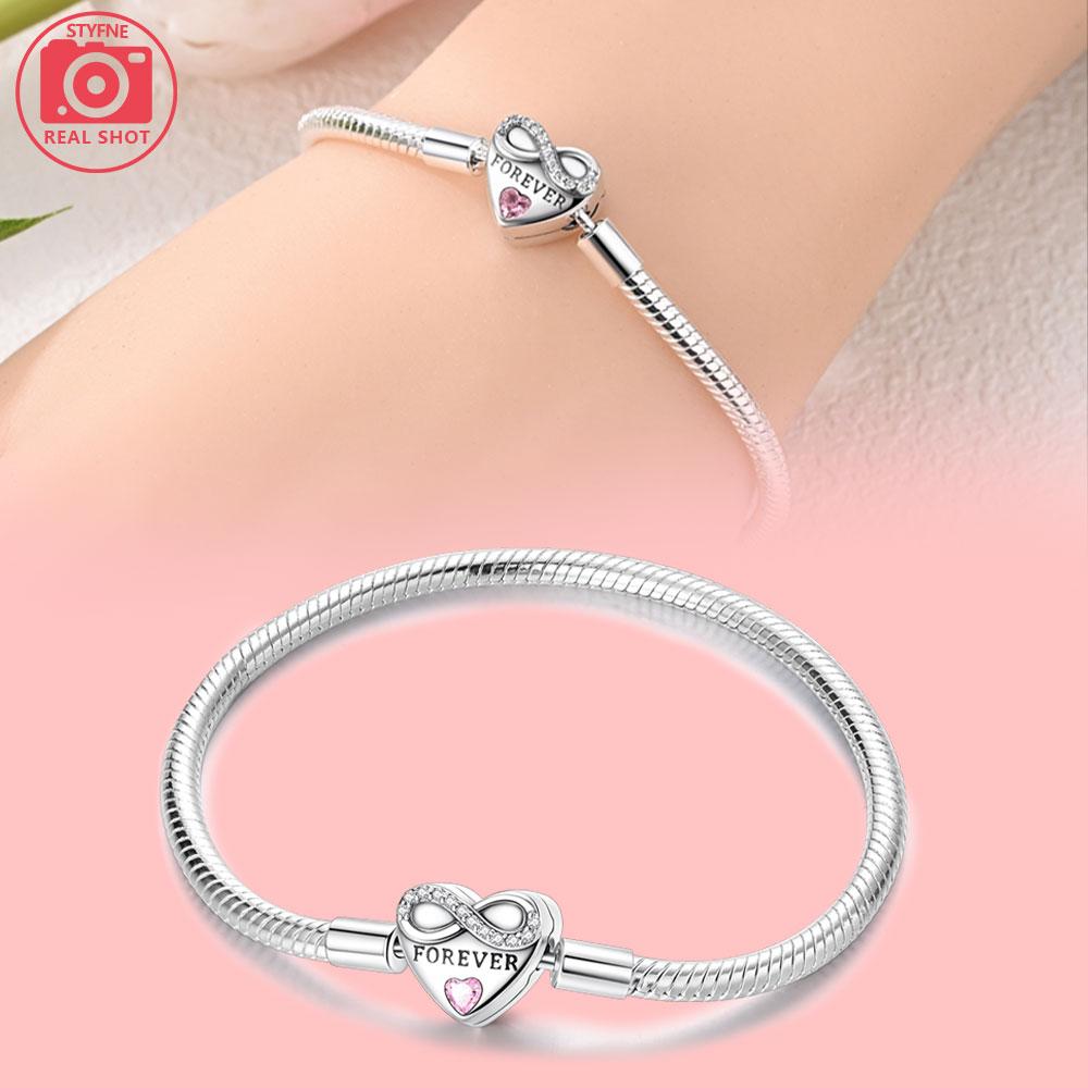 

Bracelet Silver 925 Original 17-20CM Pink Infinite Heart Zircon Bracelet Suitable for DIY Charm Birthday Jewelry Gifts 17cm