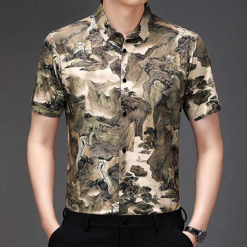 

Мужская рубашка с коротким рукавом и принтом по всей поверхности с изображением китайского пейзажа, летняя футболка для джентльмена XXXXL хаки