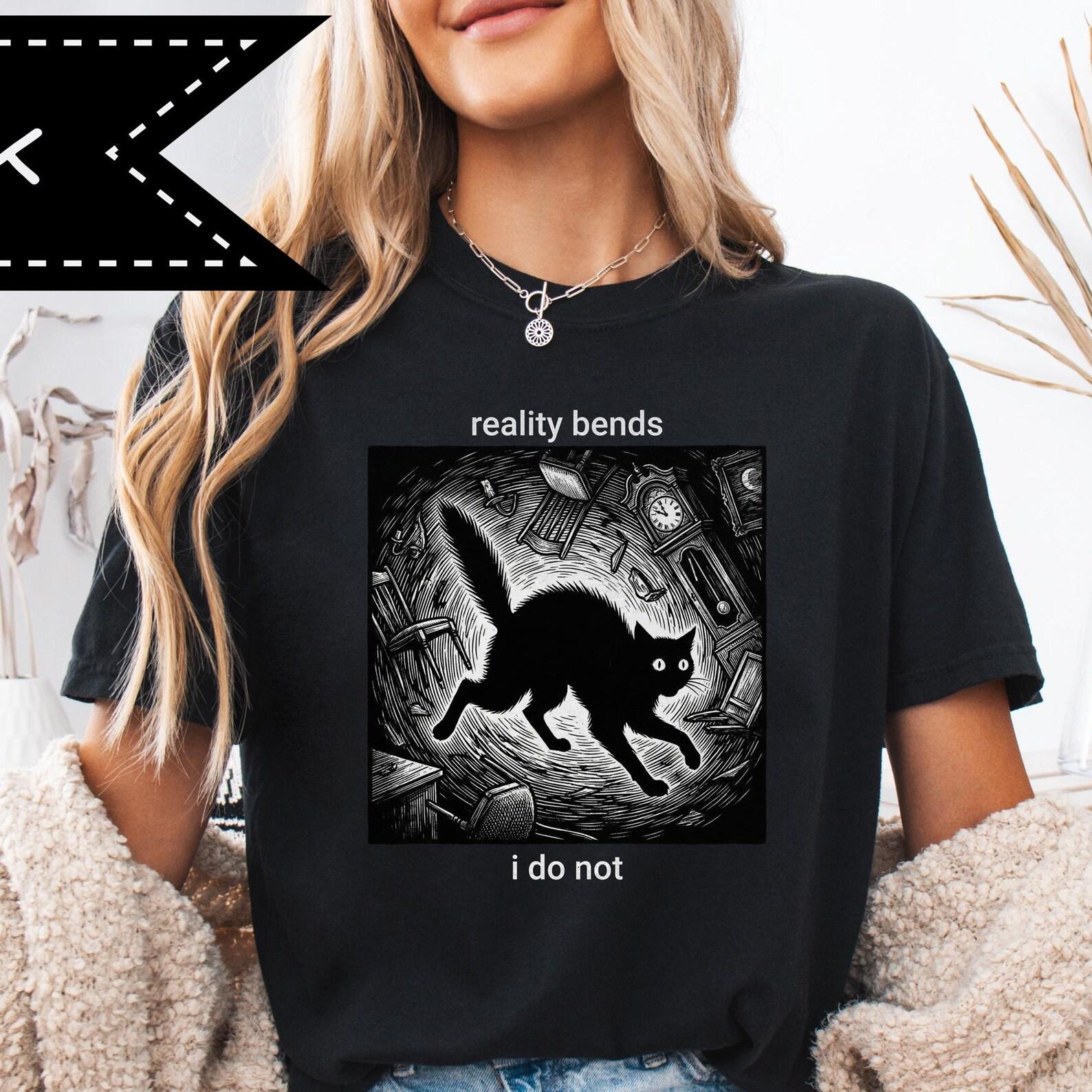 Anime Style Black Cat Shirt, Philosophical Humor Graphic Tee, Tokyo Streetwear Clothing S