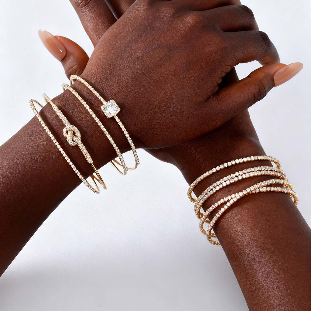 Exquisite Knotted Zircon Double-layer Cuff Bracelet,Geometric Square Zircon Open Bracelets for Women,Gold Plated Charm Jewelry