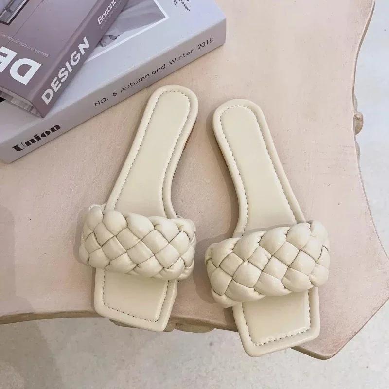 Fashion Fashion Square Toe Flat Women Slippers breathable Casual Summer Shoes Woman Slip on Ladies Slides Big Size 41 Beach Flip Flops