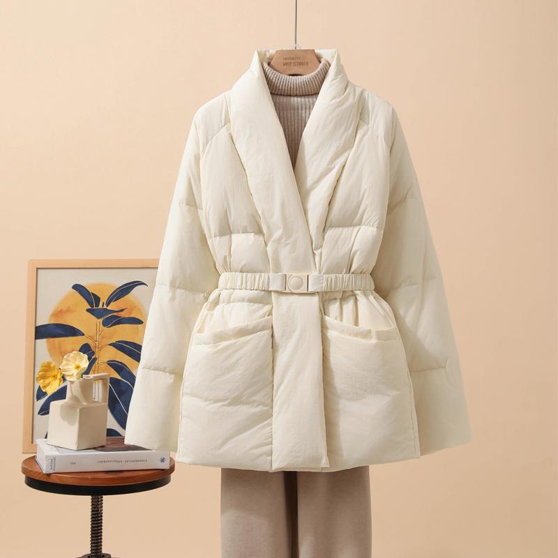 Women Down Jacket Casual Loose Belt V Neck Collar Fashion Autumn Winter Outwear Coat