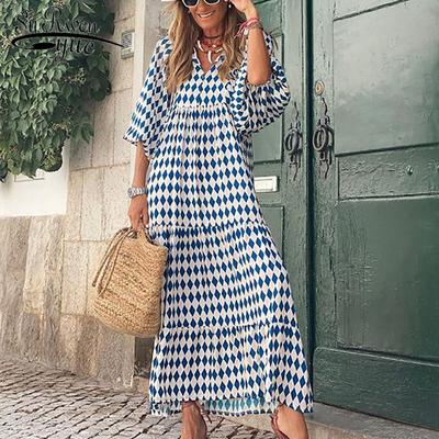 Moda lato geometryczny nadruk pół rękawa sukienka wakacyjna bufiasty rękaw długa sukienka damska ponadgabarytowa luźna sukienka plażowa szata 20950