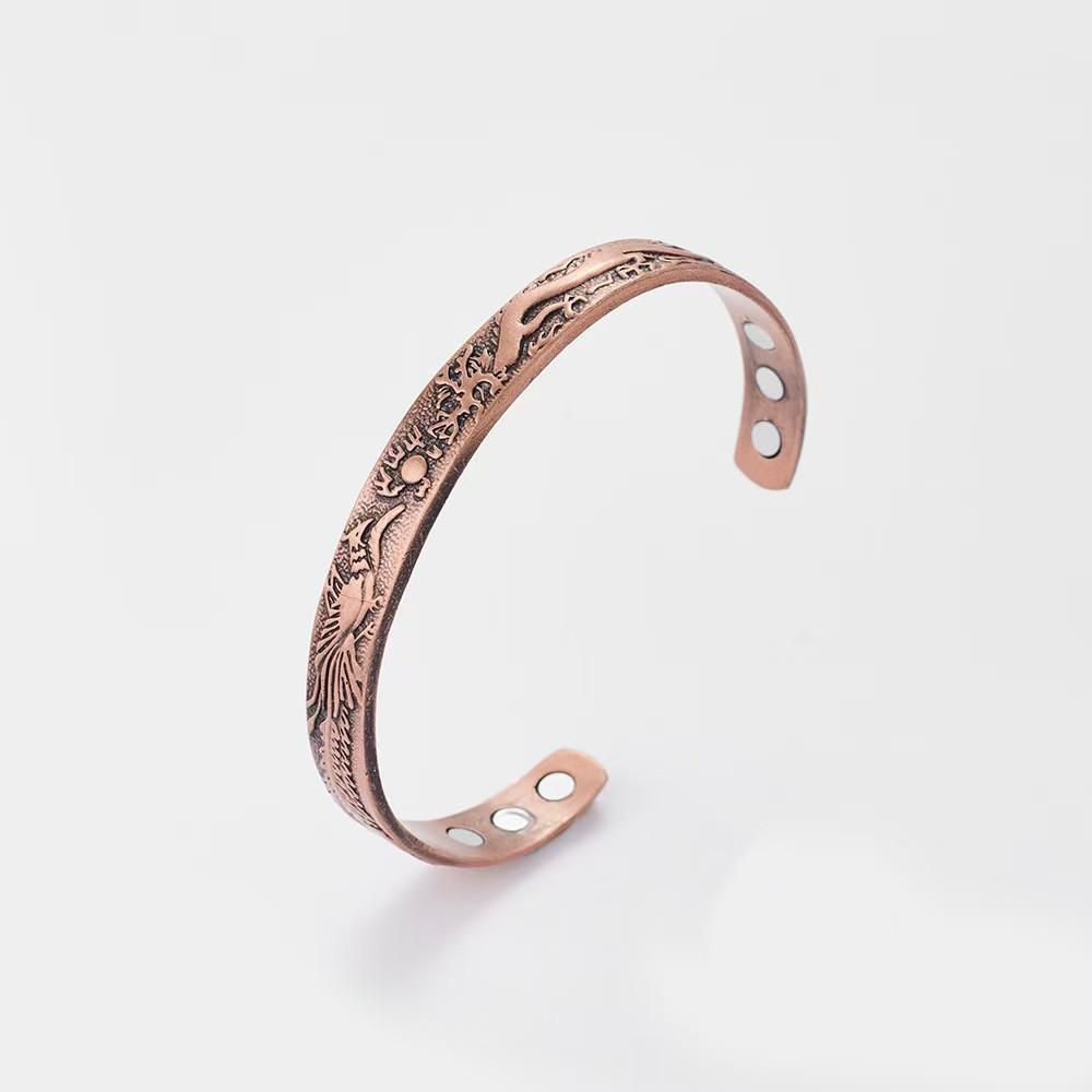 Magnetic Stone Bracelet Ring Set: Vintage Red Copper Floral Jewelry for Men & Women