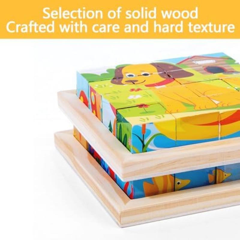 Bilderwürfel Holz 16-Piece Wooden Cube Puzzle 3D Puzzle Game Montessori Educational Toy for Boys Girls Ages 2 3 4 Years Old