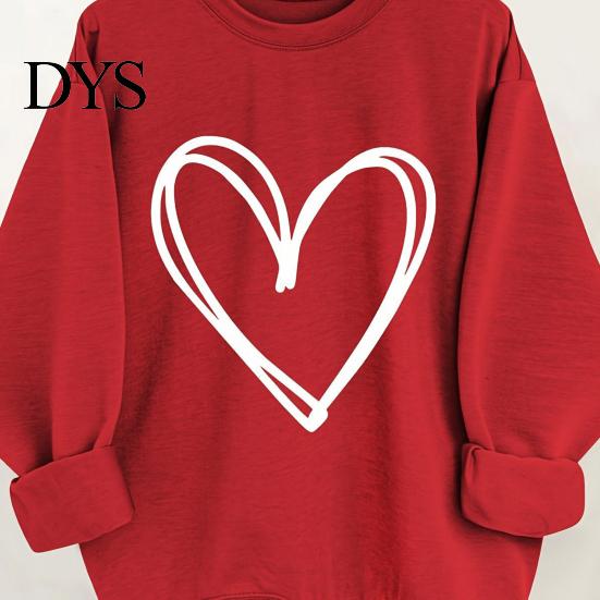 Casual Loose Fit Pullover Spring Autumn Women Sweatshirt Heart Print Pure Color Round Jumper Neck Long Sleeves Valentines Day Top Thick Warm Winter