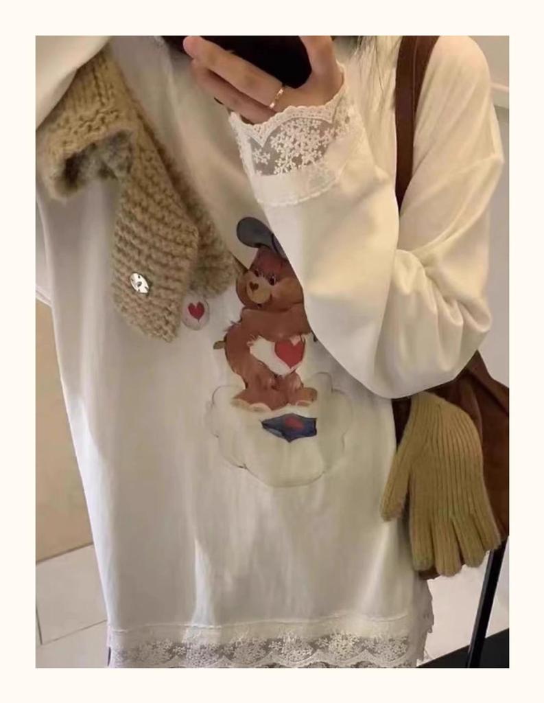 Women's Korean Lace Patchwork Sweatshirt - Spring 2025 Collection, Loose Fit, Round Neck, Thickened Base Layer Top