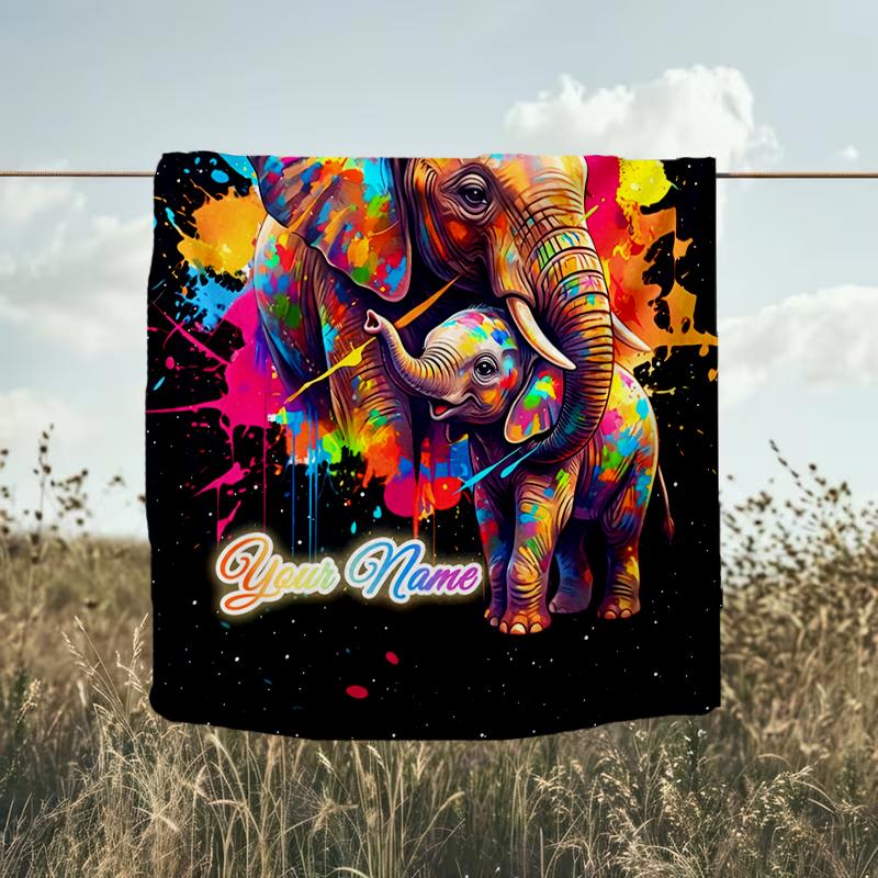 1PC Custom Name Colorful Elephant Family Flannel Blanket Versatile,all-season Throw Suitable for the Living Room,bedroom,camping,travel,and Gift