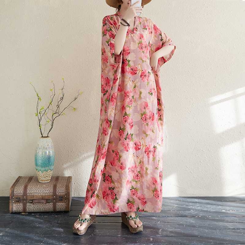 Summer Color Travel V-neck Retro Long Skirt Cotton Linen Dress