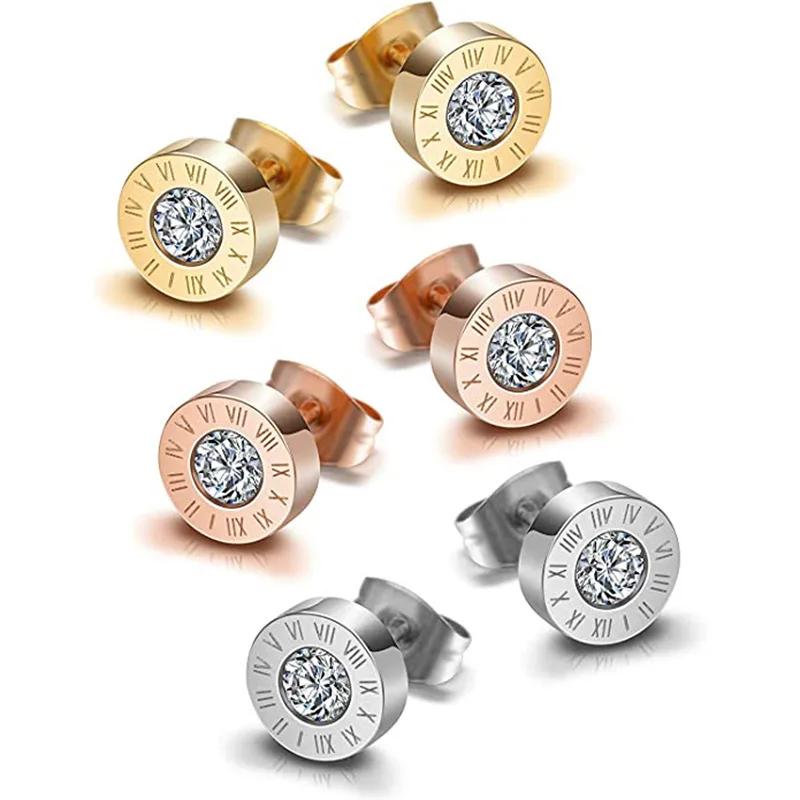 Classic Trend Geometric Circle Crystal Roman Numeral Stud Earrings for Women Temperament Gold Color Stainless Steel Jewelry Gift